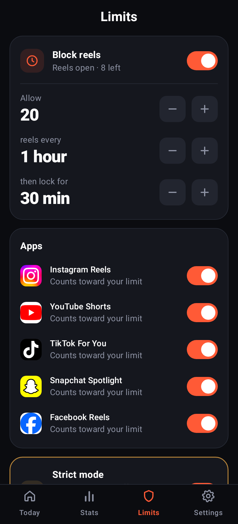 Limits screen